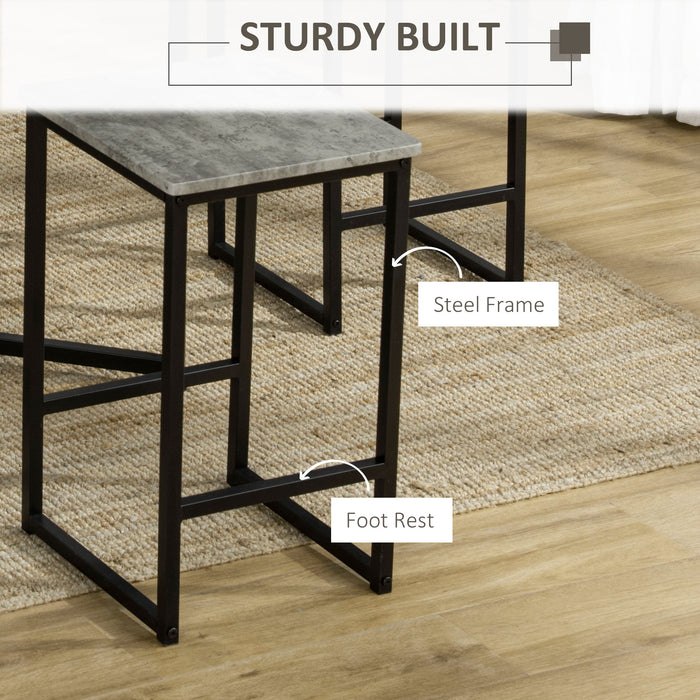 Concrete-Effect Square Bar Table Set with Stools - 5-Piece Kitchen Dining Combo for 4, Steel Frame & Footrest - Ideal for Small Spaces and Casual Meals