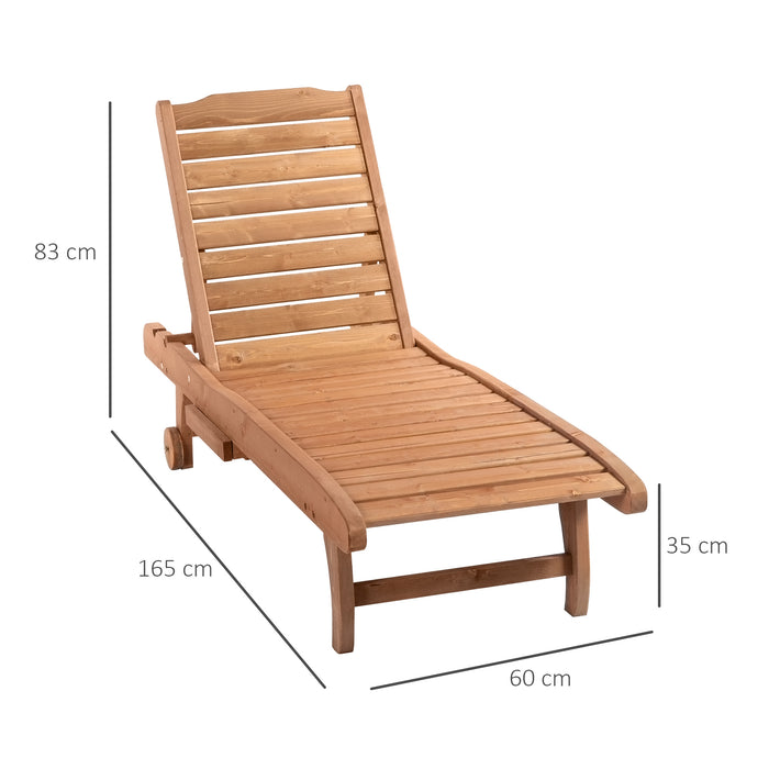 Outdoor Wooden Lounger with Built-In Table - Adjustable Backrest, Wheels, Red Brown Sun Bed - Perfect for Patio Relaxation and Sunbathing