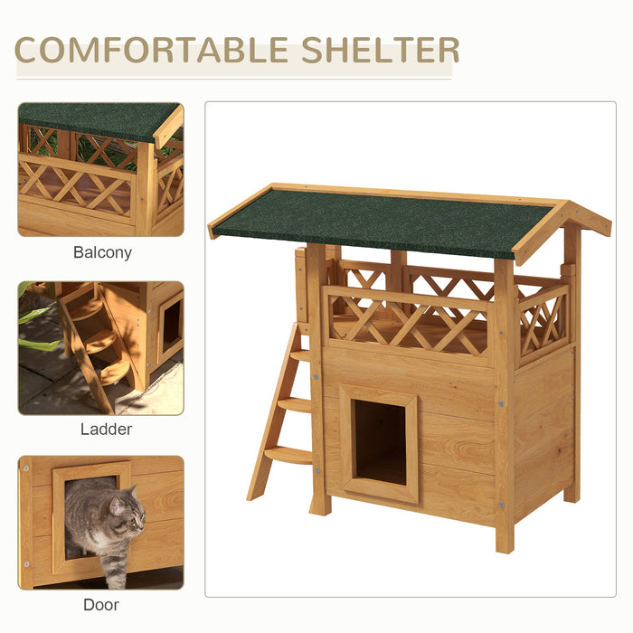 Outdoor Cat Shelter with Elevated Balcony and Stairs - Weatherproof Wooden Design, 77x50x73 cm - Perfect Hideaway for Cats in Gardens or Backyards