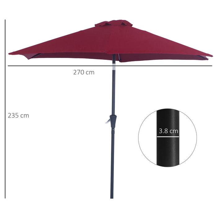 Wine Red 2.7M Tilting Parasol - Outdoor Sun Shade Umbrella with Aluminum Frame and Hand Crank - Ideal for Garden, Patio, and Deck Protection