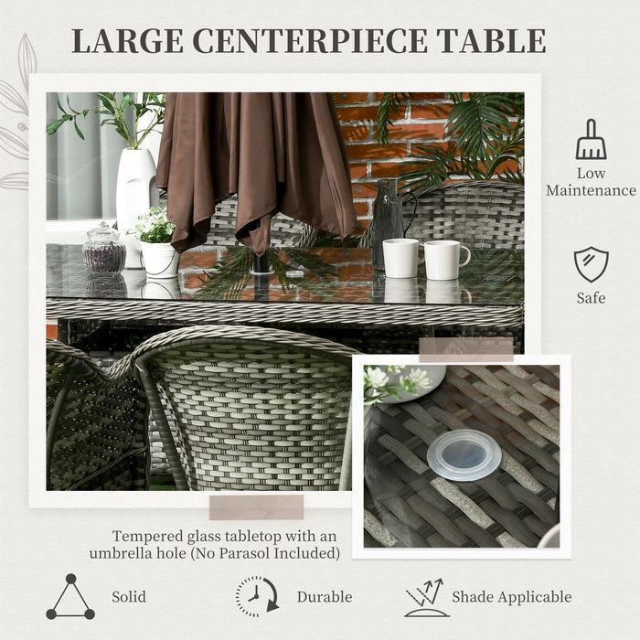 7-Piece PE Rattan Dining Set - Outdoor Patio Wicker Furniture with Tempered Glass Table Top & Umbrella Hole - Includes Cushions, Ideal for Al Fresco Dining & Entertaining in Grey