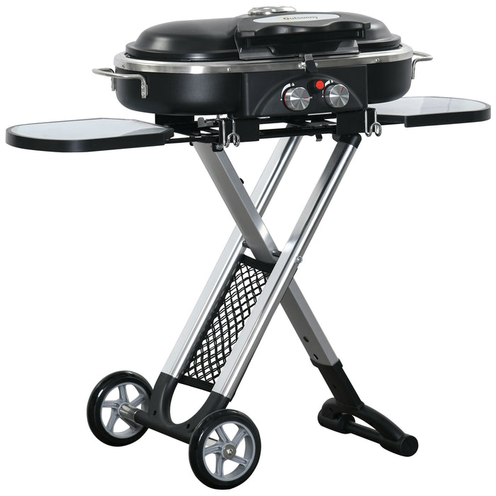 Foldable 2-Burner Gas BBQ Grill with Thermometer - Space-Saving Garden Barbecue Trolley, Piezo Ignition, Side Shelves - Outdoor Grilling Convenience for Patio and Backyard Cookouts