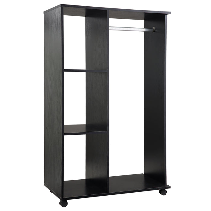 Rolling Open Wardrobe - Hanging Rail and Storage Shelves for Bedroom Organization - Perfect for Space-Saving & Easy Mobility in Black