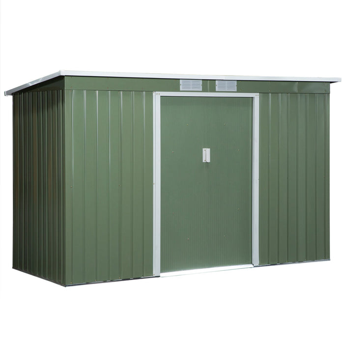Pent Roof 9x4.5 ft Metal Storage Shed - Corrugated Steel Garden Tool Box with Foundation, Ventilation & Lockable Doors - Ideal for Outdoor Equipment & Tools, Light Green