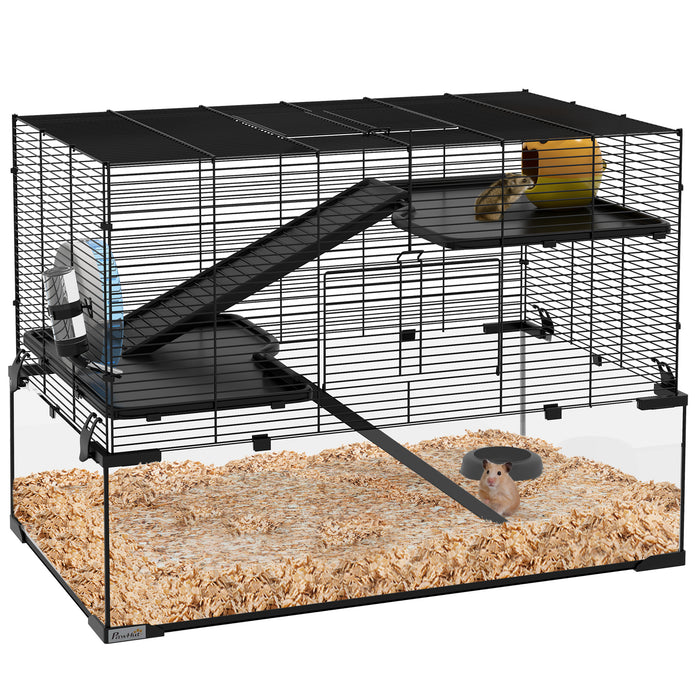 3-Tier Hamster & Gerbil Habitat - Deep Glass Bottom, Non-Slip Ramps, and Exercise Platforms with Hut & Wheel - Ideal for Syrian & Dwarf Hamsters