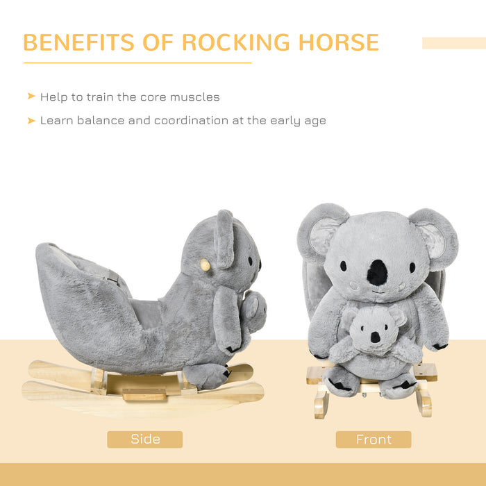 Koala Plush Rocking Horse for Toddlers - Cute Ride-On Toy Rocker with Gloved Doll & Realistic Sounds - Perfect for 18-36 Month Old Children, Soft Grey Design