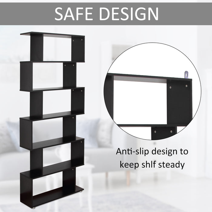 S Shape 6-Tier Wooden Bookshelf - Open Concept Bookcase Storage and Display Unit, Black - Ideal for Home Office and Living Room Organization