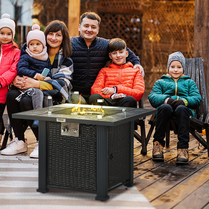 Outdoor PE Rattan Gas Fire Pit Table with Marble Top - Patio Heater, Glass Windscreen, Glass Stones, Rain Cover Included - Ideal for Entertaining & Keeping Warm Outdoors