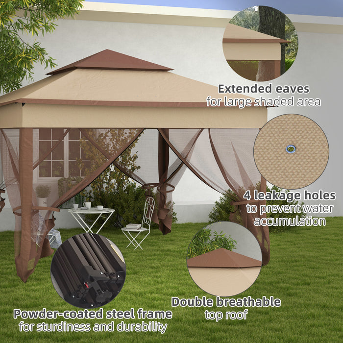 Pop Up Gazebo 3x3m with Double Roof - Outdoor Patio Garden Tent with Netting, Carry Bag Included - Ideal Party Event Shelter, Khaki Color