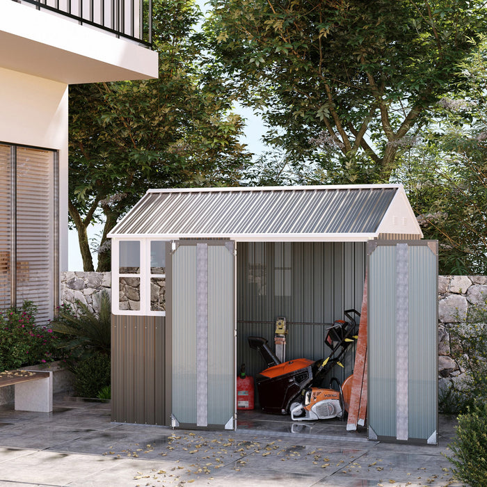 Metal Garden Storage Shed 8x6ft with Corrugated Roof - Lockable Double Door Tool Box with Window, Grey - Ideal for Patio Equipment and Tool Organization