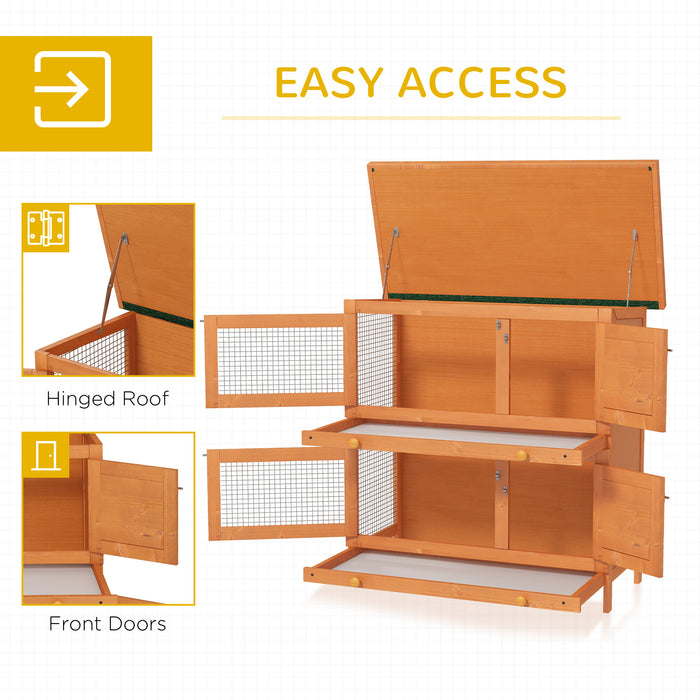 2-Tier Wooden Rabbit Hutch with Slide-Out Tray - Bunny Cage with Hinged Opening Roof - Ideal Small Animal House for Indoor Use