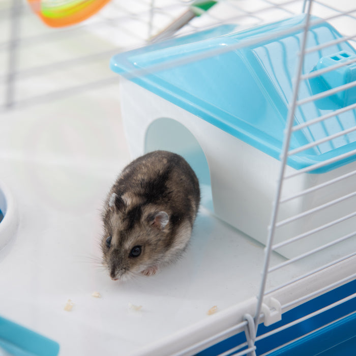 Spacious 3-Level Hamster Habitat - Includes Tunnel, Wheel, Water Bottle, Food Dish & Accessories - Perfect Home for Small Rodents with Cozy Hut and Ramps