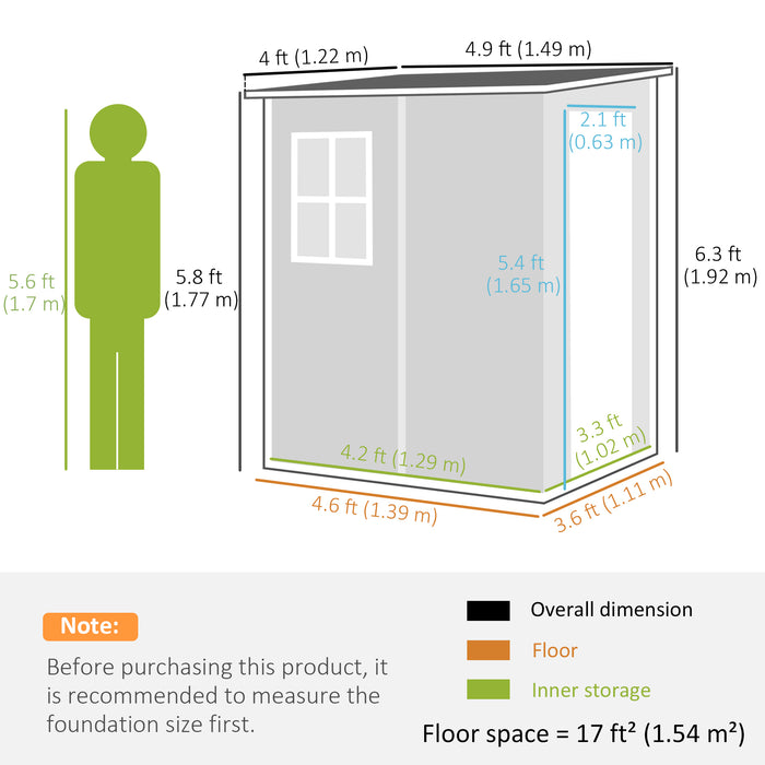 Garden Storage Shed 4x5 ft - Lean-to Design with Lockable Door, Window, Ventilation, and Durable Plastic Roof - Space-Saving Outdoor Solution for Tools and Equipment