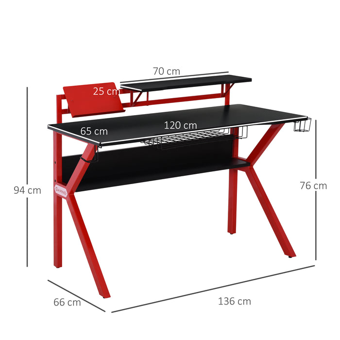 Sturdy Gaming Desk with Metal Frame - Ergonomic Computer Table with Cup Holder, Headphone Hook & Cable Basket - Ideal for Gamers and Home Office Use