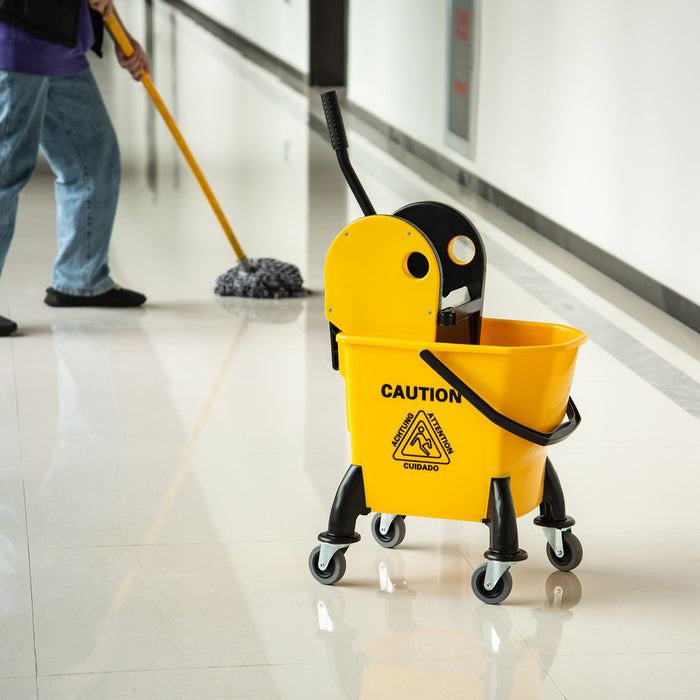 Heavy-Duty 26L Mop Bucket with Water Wringer - 4-Wheeled, Metal Handle, Plastic Construction, Pole Holder Cleaning Cart in Yellow - Ideal for Home and Commercial Use