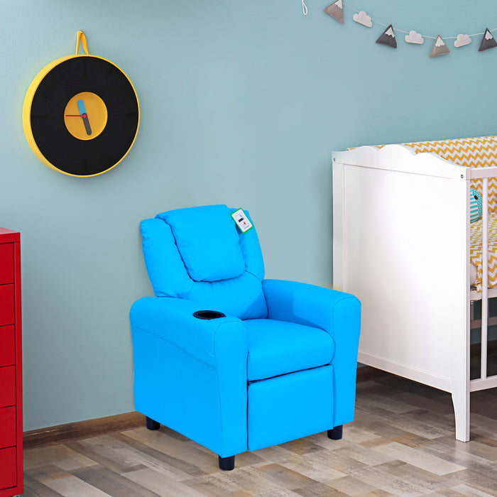 Kids' Comfy Recliner Chair with Built-in Cup Holder - Plush Blue Seating for Children - Perfect for Relaxing and Reading