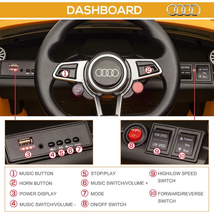 Kids Licensed Audi TT RS - Electric Ride-On Car with Remote, 12V Battery, Suspension, Headlights, MP3 Player, 3km/h in Yellow - Fun Driving Experience for Children