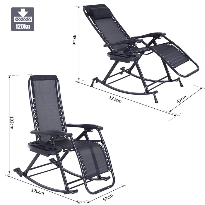 Outdoor Adjustable Sun Lounger - Garden Rocking Chair with Folding Recliner, Zero-Gravity Design, Headrest, and Side Holder - Perfect for Patio and Deck Relaxation in Black