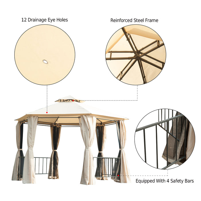 Hexagon Gazebo Canopy Party Tent - Outdoor Garden Shelter with 2-Tier Roof, Side Panel, Beige - Perfect for Events & Gatherings