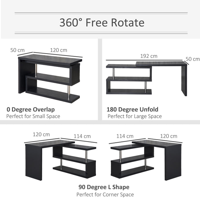 Rotating L-Shaped Corner Desk - 360° Swivel Home Office Computer Workstation with Storage Shelf - Space-Saving Writing Table for Professionals and Students