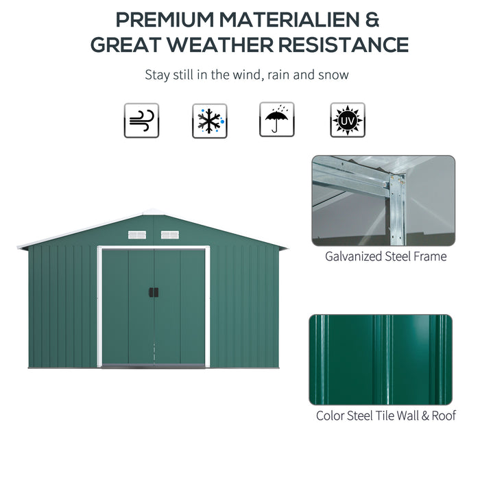 Large Metal Garden Shed 13x11 ft - Patio Roofed Storage Unit with Ventilation and Sliding Door, Deep Green - Spacious Outdoor Organizer for Tools and Equipment