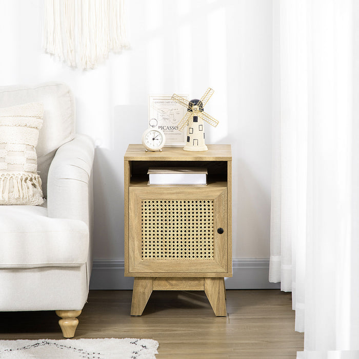 Rattan-Inspired Bedside Table - Compact Side End Table with Storage Shelf and Cupboard - Space-Saving Design for Bedroom Comfort