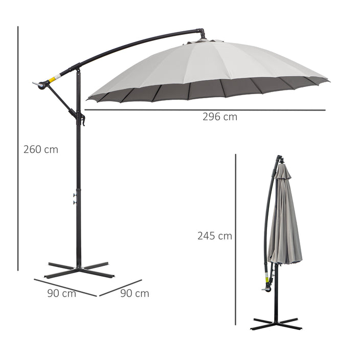 Cantilever Banana Sun Umbrella with Crank Handle - 3m Wide, 18 Ribs, Cross Base in Sleek Grey - Ideal Shade Solution for Outdoor Garden and Patio Use