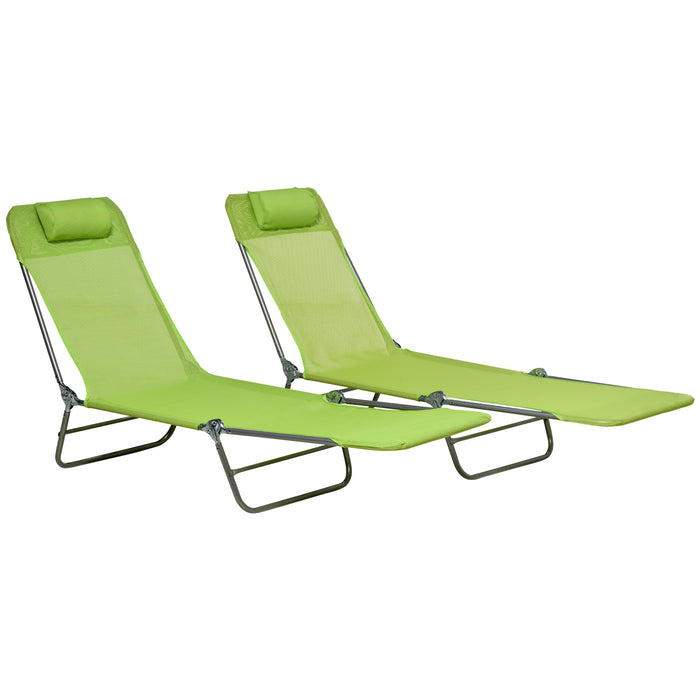 Outdoor Reclining Lounge Chairs 2-Pack - Steel Frame Sunbeds with Adjustable Backrest and Breathable Mesh - Perfect for Beach, Patio, and Yard Relaxation, Includes Pillows, Green