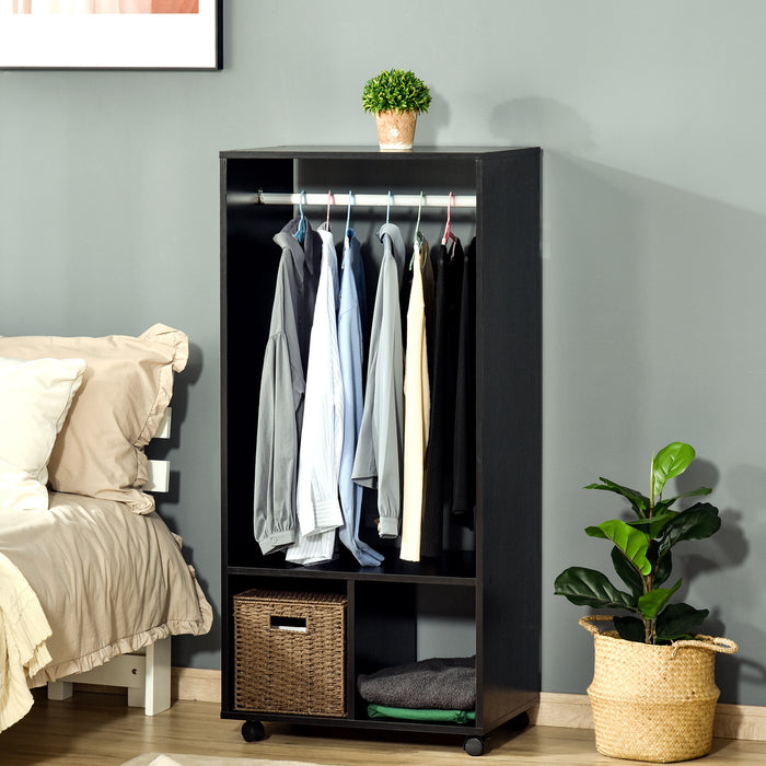 Mobile Garment Rack with Open Wardrobe Design - Hanging Rod and Ample Storage Shelves on Wheels for Bedroom and Cloakroom - Space-Saving Black Clothing Organizer for Homes & Apartments