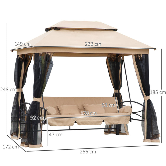 Convertible 3-Seater Swing with Canopy - Outdoor Hammock Bed and Gazebo Bench, Double Tier Roof, Cushions, Mesh Walls - Ideal for Patio, Garden Lounging & Relaxation