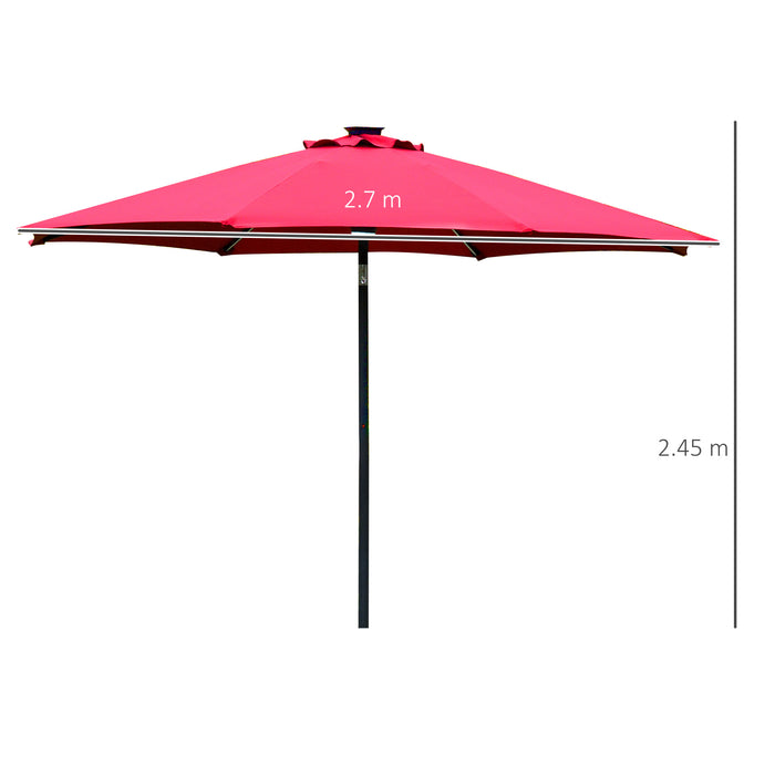 Garden Parasol Sun Umbrella 2.7m with Solar LED Lights - Angled Canopy, Air Vent, and Crank Tilt Features in Vibrant Red - Ideal Summer Patio Shelter for Day and Night