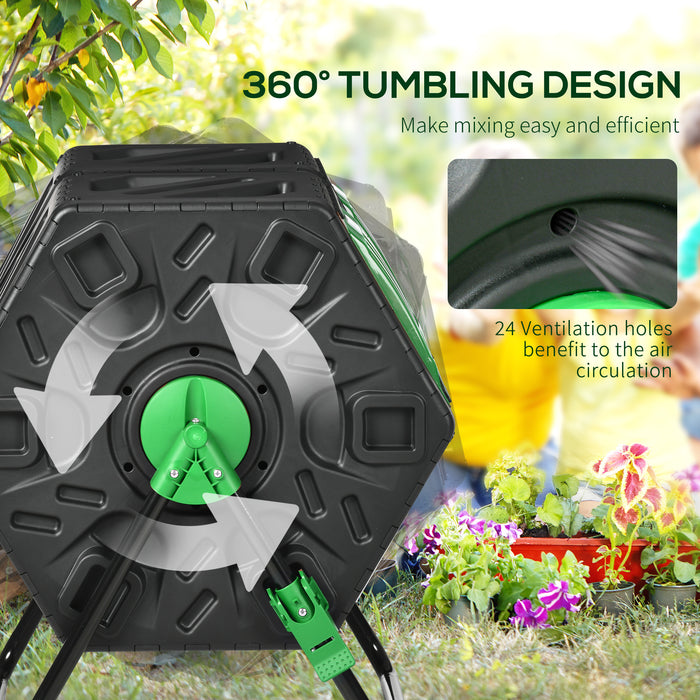 Dual Chamber 130L Rotating Composter - Garden Compost Bin with Aerating Openings and Sturdy Steel Legs - Ideal for Organic Waste Recycling & Soil Enrichment