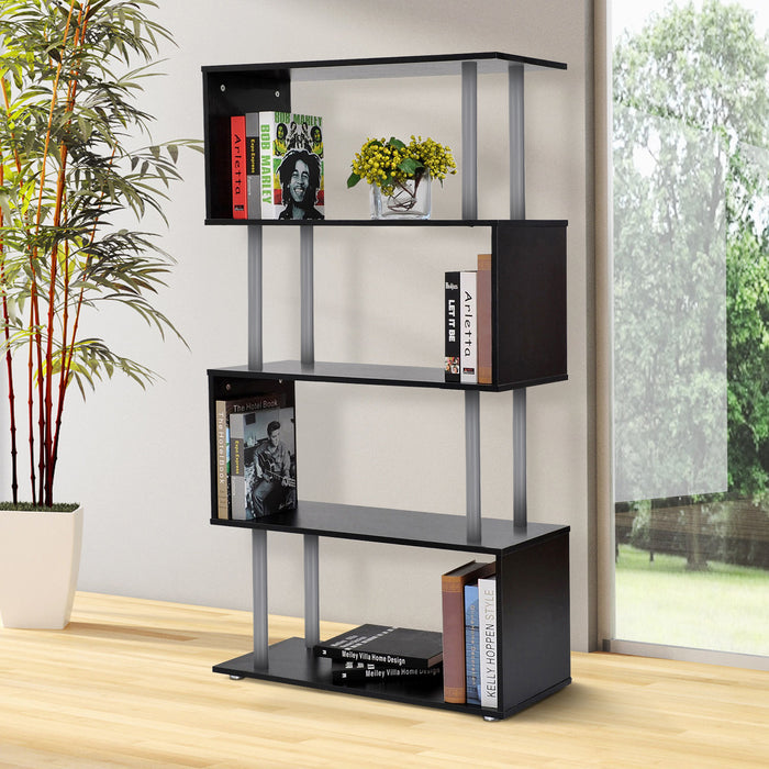 S-Shape Wooden Bookshelf - Versatile Storage and Display Unit in Black - Ideal for Book Lovers and Space Saving