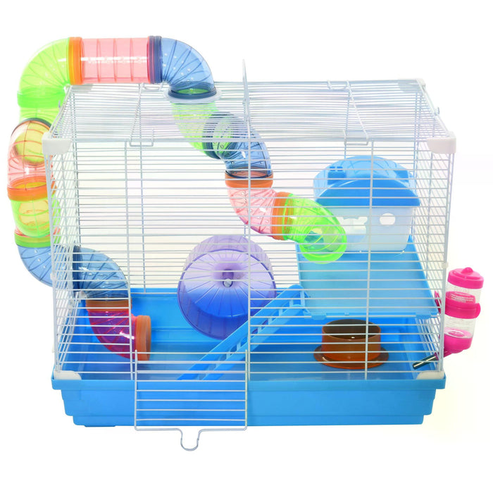 Blue 2-Tier Hamster Cage with Accessories - Small Animal Habitat with Exercise Wheels, Tunnel Tube, and Ladder - Ideal for Dwarf Mice and Hamster Comfort