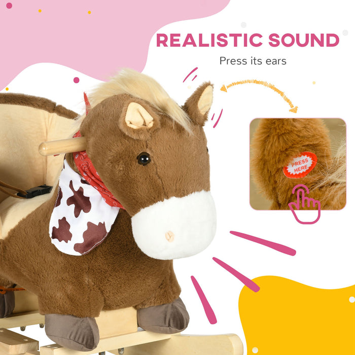 Plush Baby Rocking Horse with Safety Harness - Realistic Sounds, Foot Pedals, Soft Toddler Rocker - Ideal for 18-36 Month Old Children, Cozy Brown