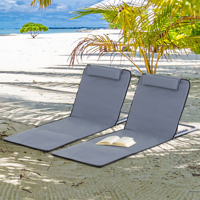 Foldable Beach Chair Mat with Head Pillow - Lightweight & Adjustable Outdoor Garden Sun Lounger, Metal Frame, Grey - Perfect for Beach and Garden Relaxation