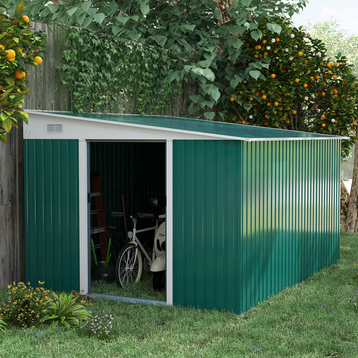 Outdoor Metal Tool Shed - Double Sliding Doors, Twin Air Vents, Spacious 11.3x9.2 ft - Ideal Garden Storage Solution in Green