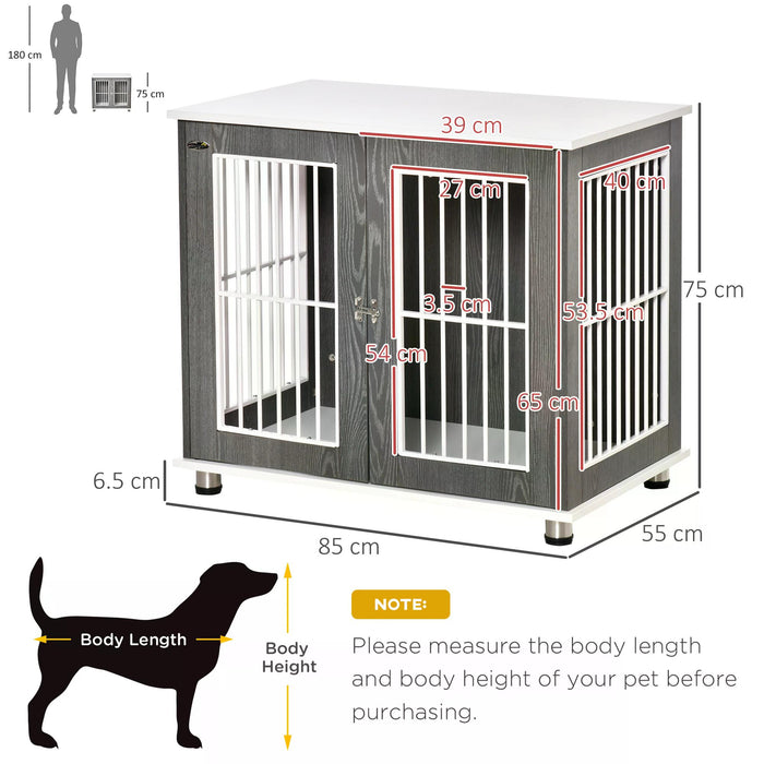 Elegant Wooden Dog Crate Kennel - Lockable Door, Adjustable Foot Pads, Modern Grey & White Design - Stylish Pet Enclosure for Home Safety and Comfort