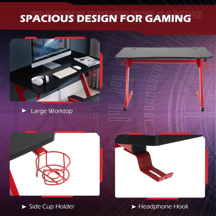 Steel Frame Gaming Desk - Cup & Headphone Holders, Adjustable Feet, Cable Management - Ideal Home Office Computer Table for Gamers, Red