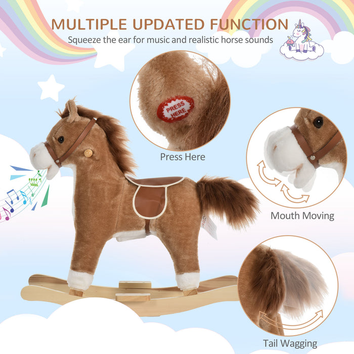 Plush Rocking Horse with Sound Features - Sturdy Brown Children's Ride-On Toy - Ideal for Enhancing Motor Skills and Playtime Fun