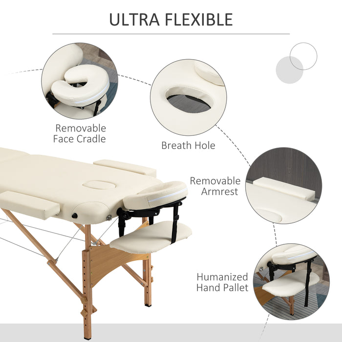 Portable 2-Section Massage Table - Folding Spa and Beauty Bed with Carry Bag, Wooden Frame in Cream Finish - Ideal for Therapists, Salons, and Home Use