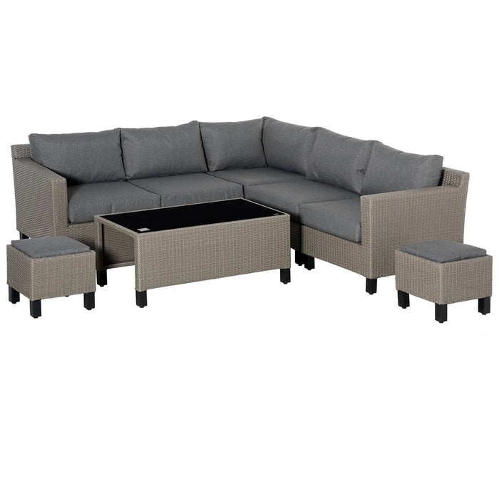 7-Seater PE Rattan Sofa Set - Wicker Garden Patio Conservatory Corner Lounge with Glass Coffee Table & Grey Cushions - Ideal for Outdoor Entertaining and Relaxation