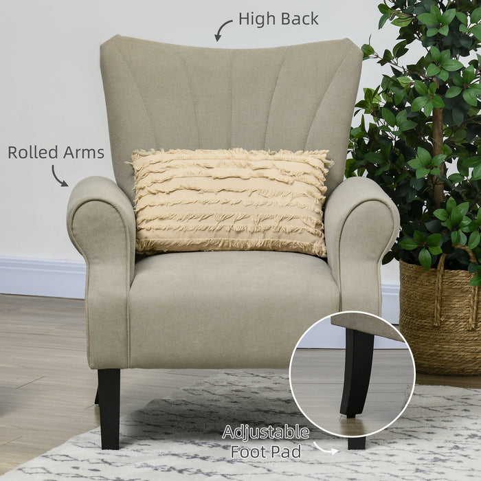 High-Back Upholstered Accent Chair - Beige Padded Armchair with Rolled Arms and Wooden Legs - Elegant Comfort for Living Room or Office