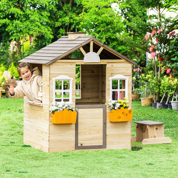 Outdoor Wooden Playhouse for Children - Working Door, Windows, Bench, Service Station, Flower Pot Holder - Ideal Garden Cottage for Kids Ages 3-7