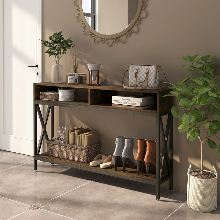 Rustic Brown Console Table with Metal Frame - Versatile Entryway Table with 3 Storage Compartments - Ideal for Living Room and Hallway Organization