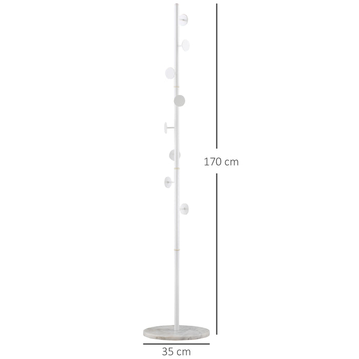 Modern Free-Standing Hall Tree Coat Rack - 8 Round Disc Hooks, Marble Base, Steel Frame for Clothing & Accessories - Ideal for Entryway Organization