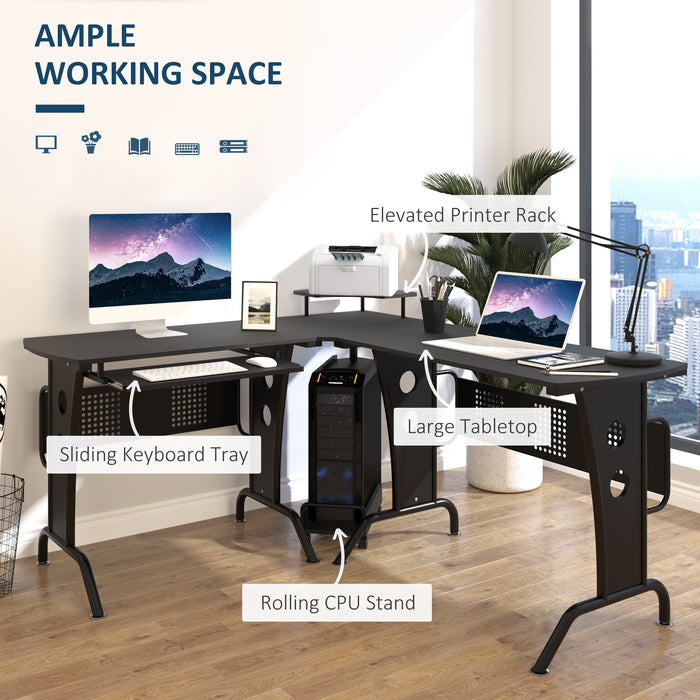 L-Shaped Gaming Desk with CPU Stand and Keyboard Tray - Sturdy Steel Frame & Melamine Coated Workstation - Ideal for Home Office Gamers and Space Efficiency