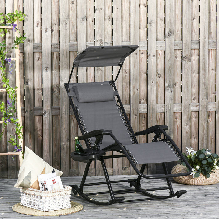 Folding Rocking Sun Lounger - Garden Recliner with Adjustable Zero-Gravity, Side Holder, Headrest for Patio Decking - Ideal for Outdoor Relaxation, Grey