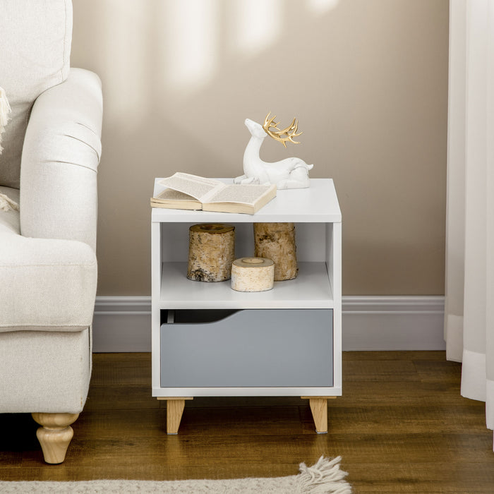 Modern White & Grey Bedside Table with Storage Drawer - Sleek Side End Table with Shelf & Wooden Legs, 36.8x33x43.8cm - Ideal for Bedroom Organization & Decor