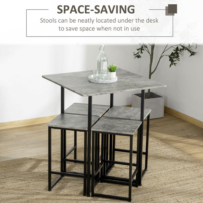 Concrete-Effect Square Bar Table Set with Stools - 5-Piece Kitchen Dining Combo for 4, Steel Frame & Footrest - Ideal for Small Spaces and Casual Meals